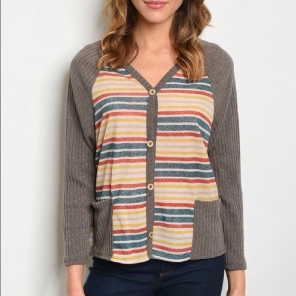 Hopely Sweaters - Mocha Striped Long Sleeve Cardigan Size S